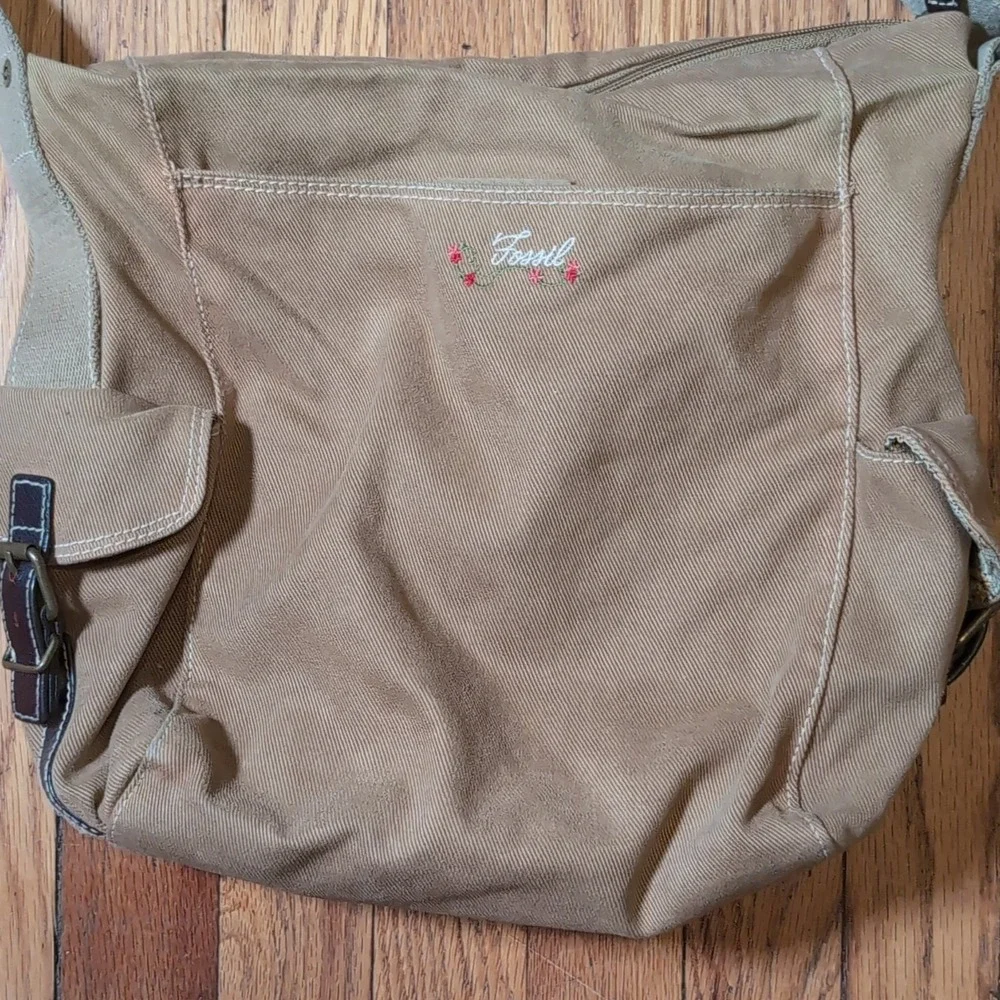 Fossil Canvas Messenger Shoulder Bag ZB3937 Tan Floral Leather Medium Women's